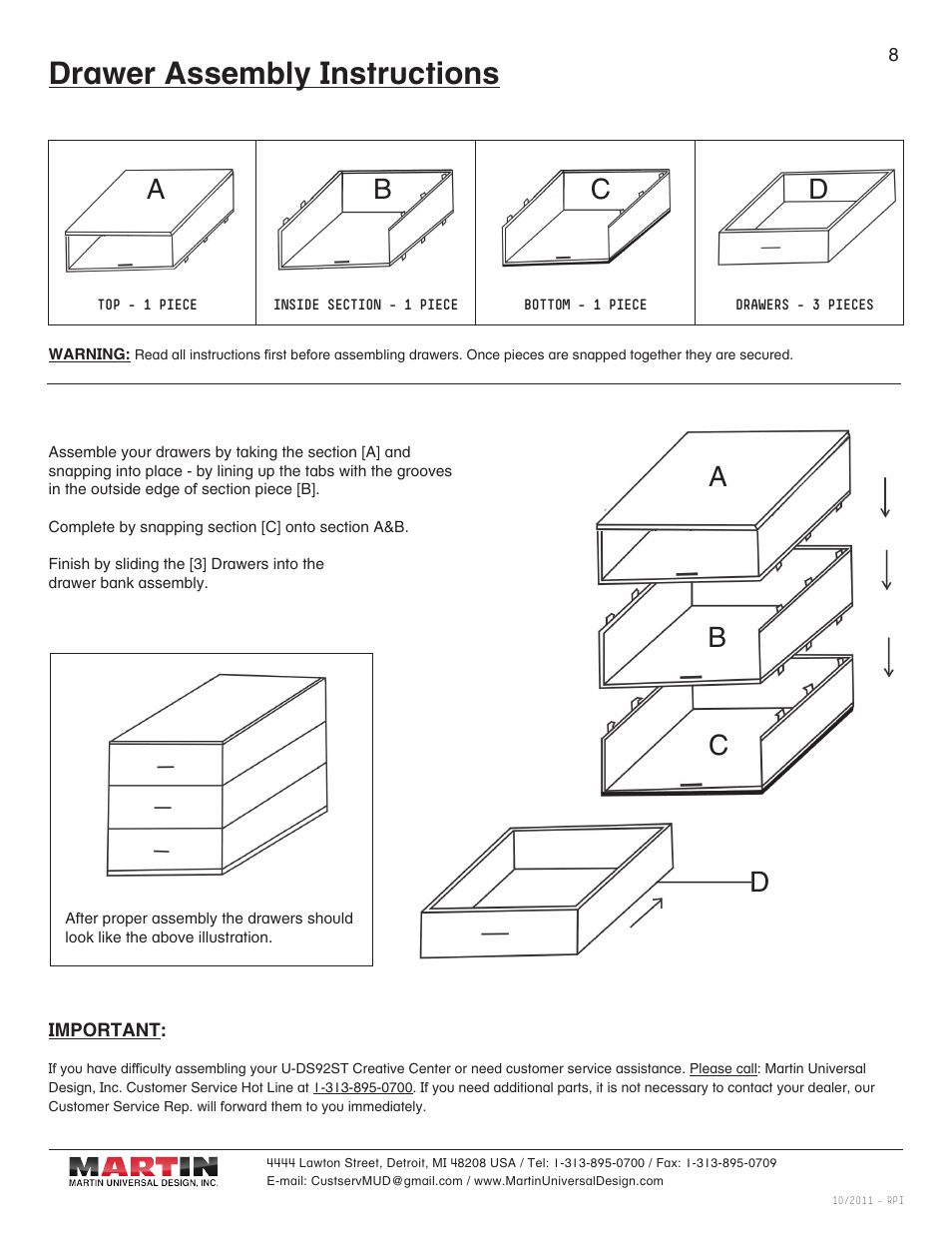 Drawer assembly instructions | Martin Universal Design U-DS92STB Ashley Table with Stool User Manual | Page 8 / 9