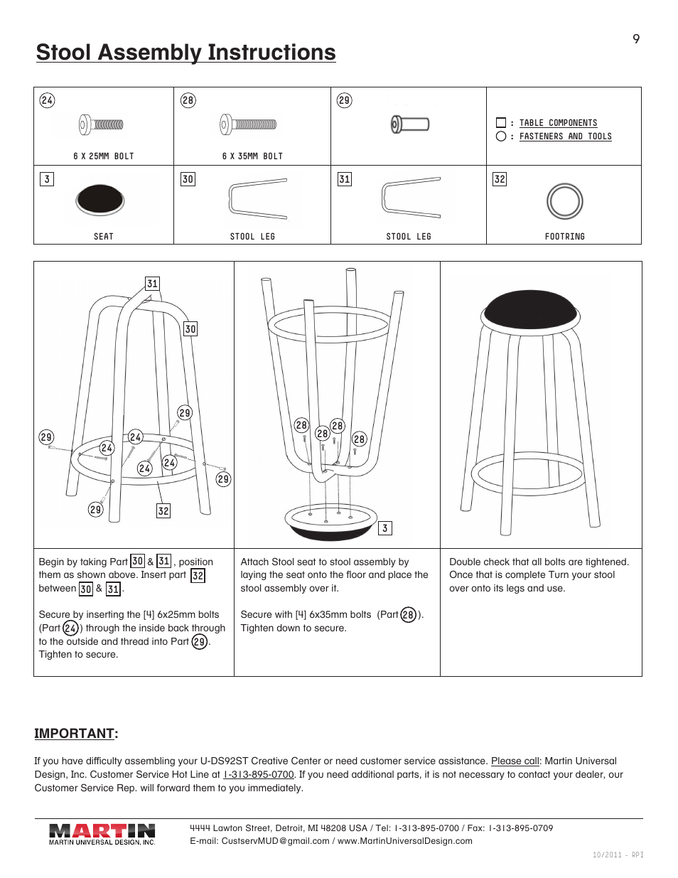 Ashley - hardware parts list, Stool assembly instructions | Martin Universal Design U-DS92STB Ashley Table with Stool User Manual | Page 9 / 9