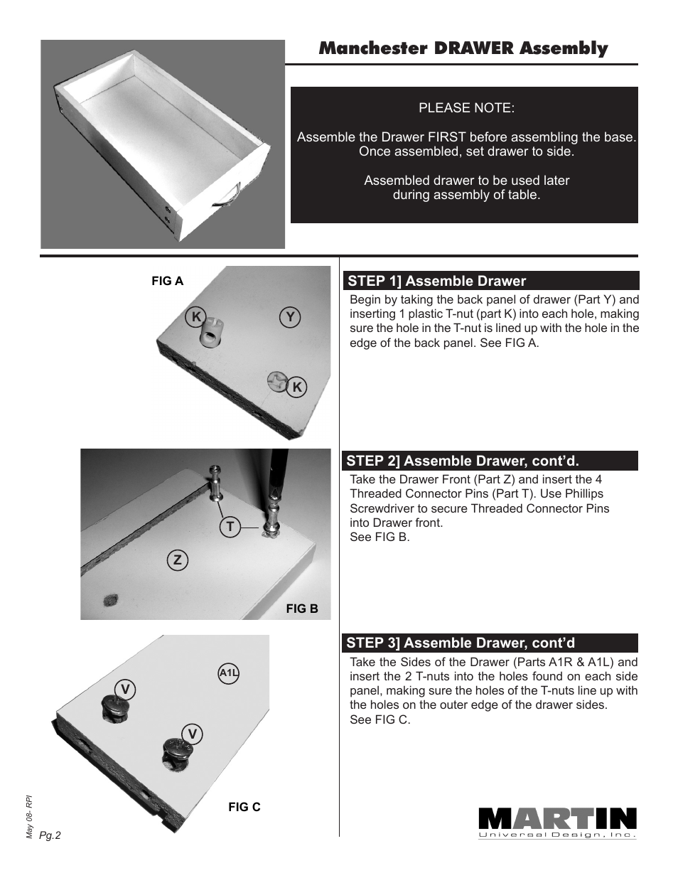 Manchester drawer assembly | Martin Universal Design Manchester Split-top Table User Manual | Page 2 / 12