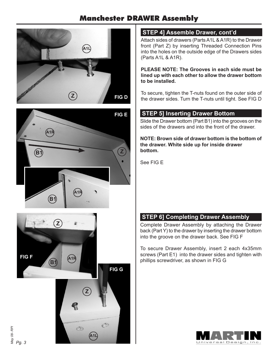 Manchester drawer assembly | Martin Universal Design Manchester Split-top Table User Manual | Page 3 / 12