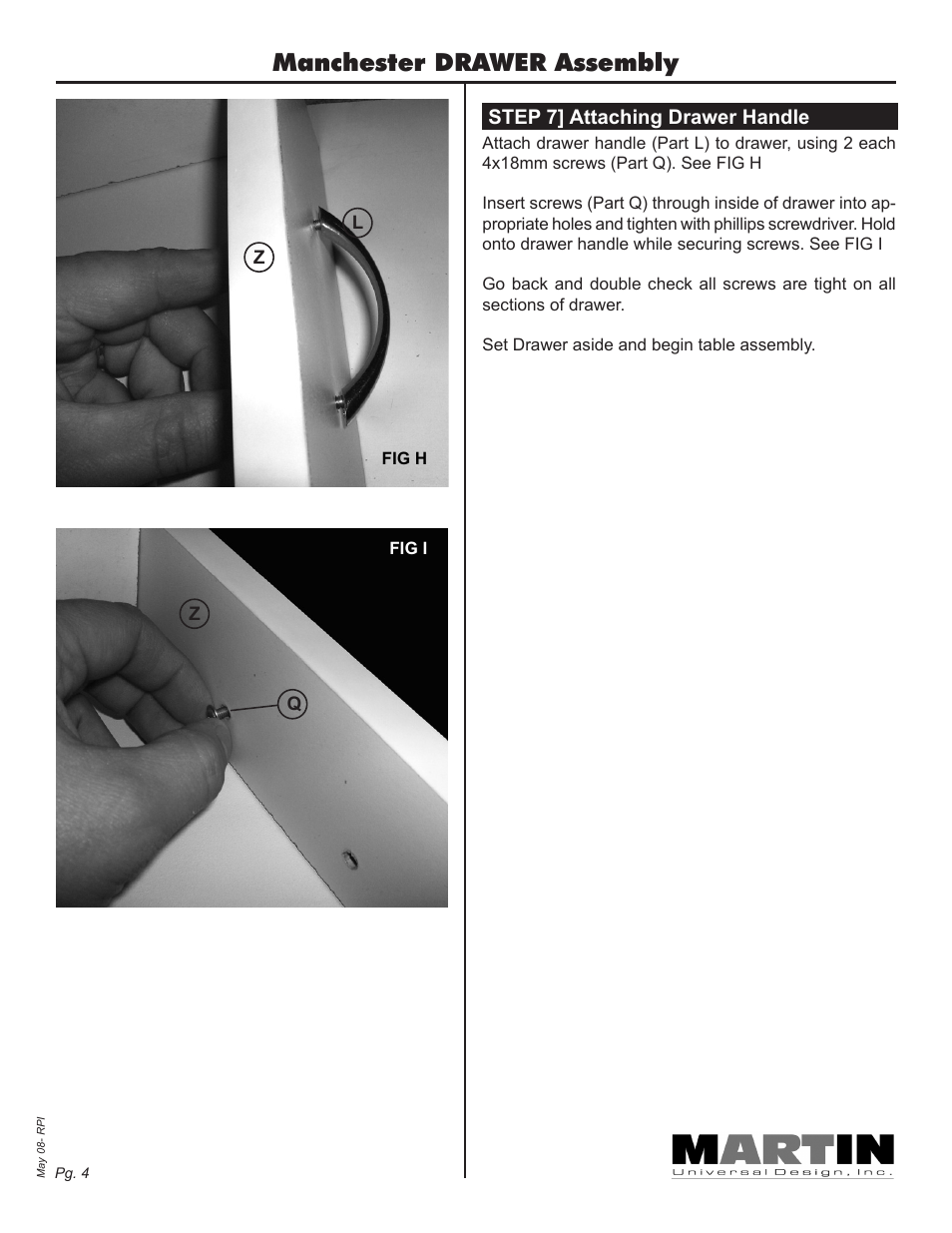 Manchester drawer assembly | Martin Universal Design Manchester Split-top Table User Manual | Page 4 / 12