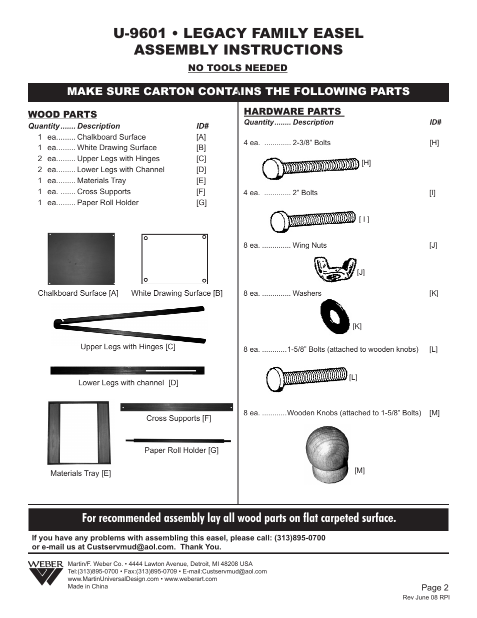 U-9601 • legacy family easel assembly instructions, Make sure carton contains the following parts | Martin Universal Design U-9601 LEGACY FAMILY EASEL User Manual | Page 2 / 4