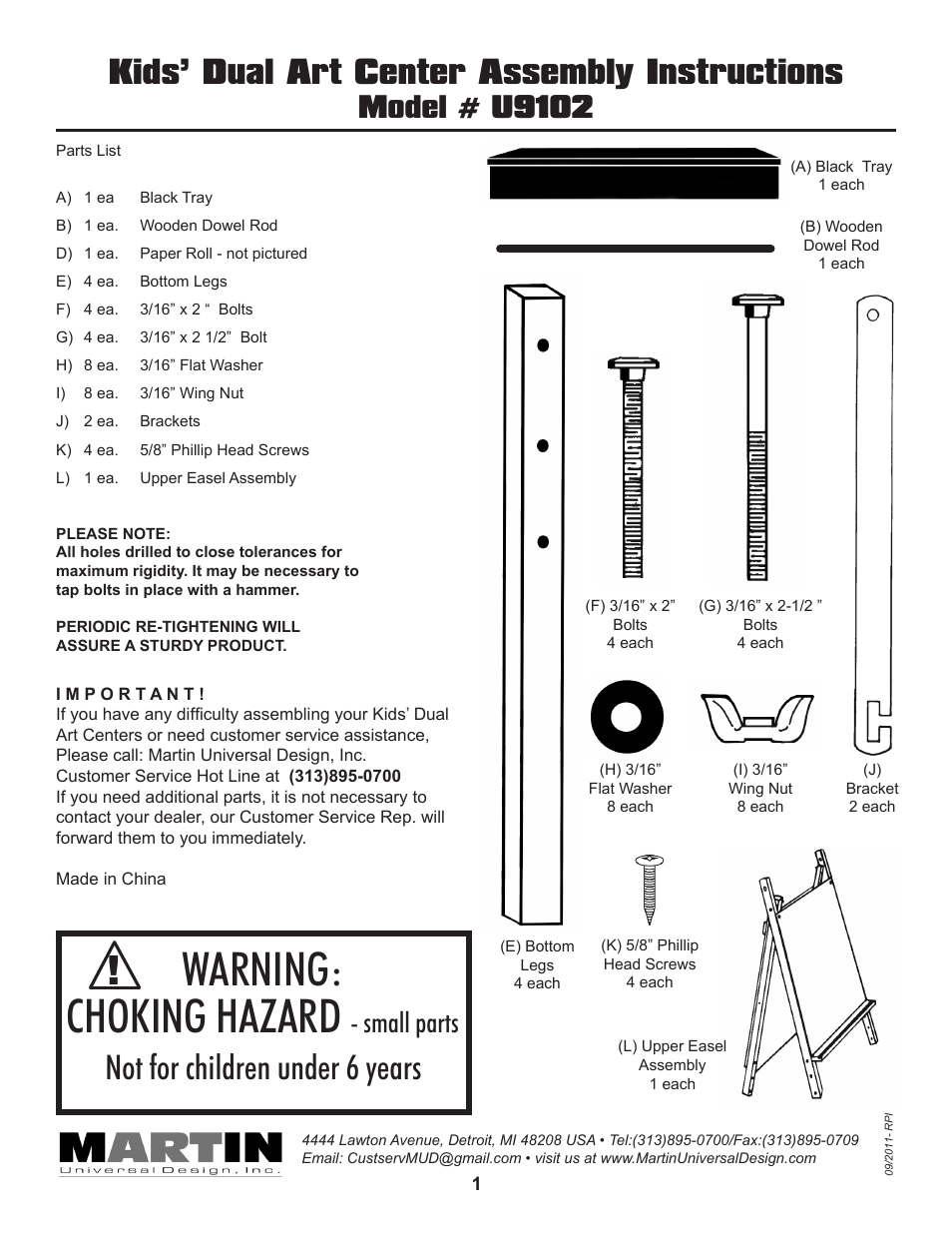 Martin Universal Design U-9102 KIDS' DUAL ART CENTER User Manual | 4 pages