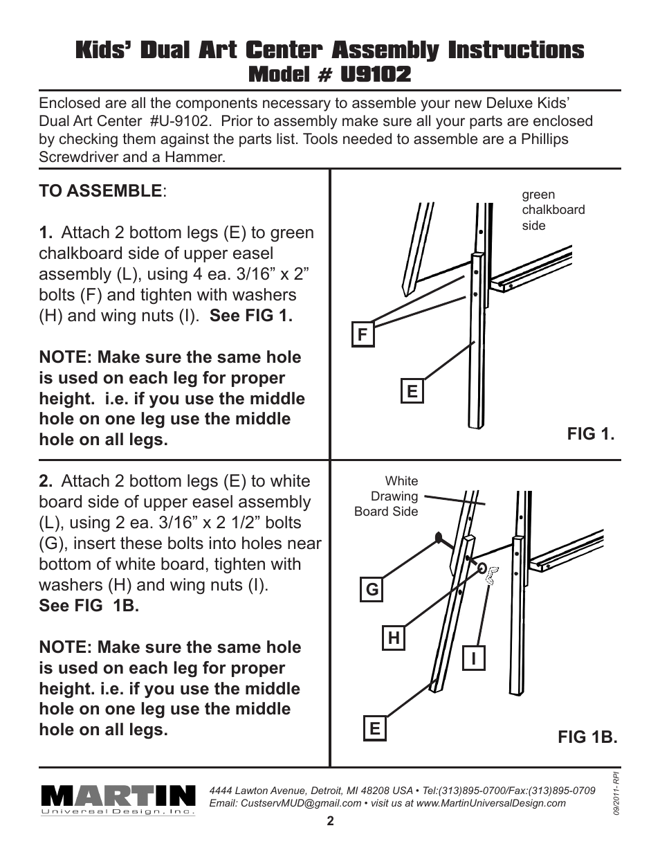 Kids’ dual art center assembly instructions, Model # u9102 | Martin Universal Design U-9102 KIDS' DUAL ART CENTER User Manual | Page 2 / 4