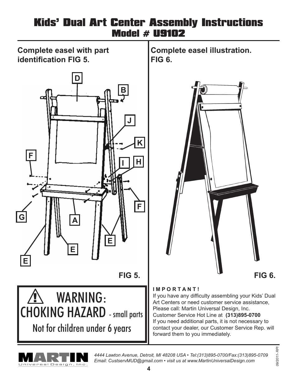Warning: choking hazard, Not for children under 6 years, Kids’ dual art center assembly instructions | Model # u9102, Small parts | Martin Universal Design U-9102 KIDS' DUAL ART CENTER User Manual | Page 4 / 4