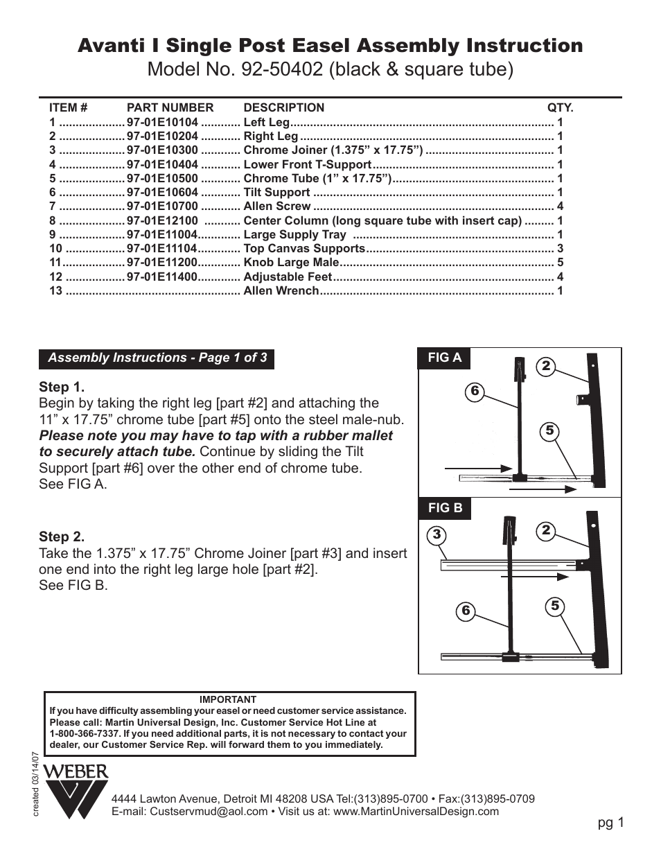 Martin Universal Design 92-50402 AVANTI SQUARE POST EASEL User Manual | 3 pages