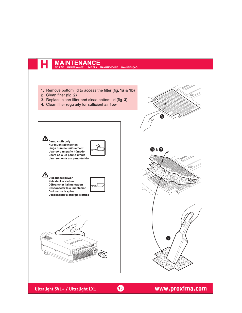 Clean filter (fig. 2), Replace clean filter and close bottom lid (fig. 3), Clean filter regularly for sufficient air flow | Maintenance | Ask Proxima Ultralight LX1 User Manual | Page 12 / 19