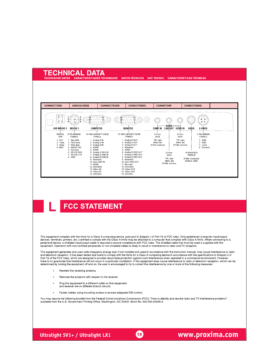 Technical data, Fcc statement, Ultralight sv1+ / ultralight lxl 19 | Ask Proxima Ultralight LX1 User Manual | Page 18 / 19