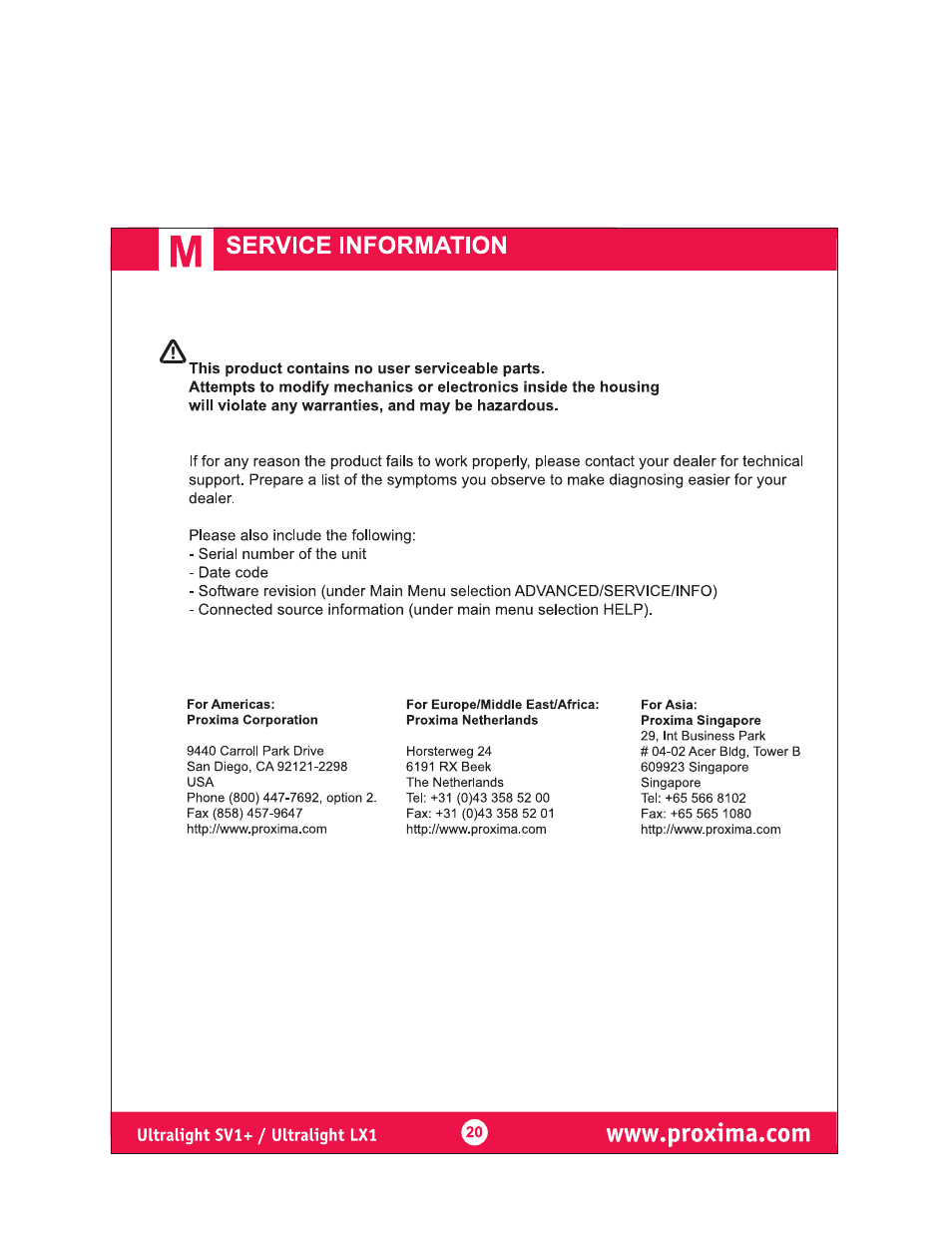 This product contains no user serviceabie parts, Service information | Ask Proxima Ultralight LX1 User Manual | Page 19 / 19