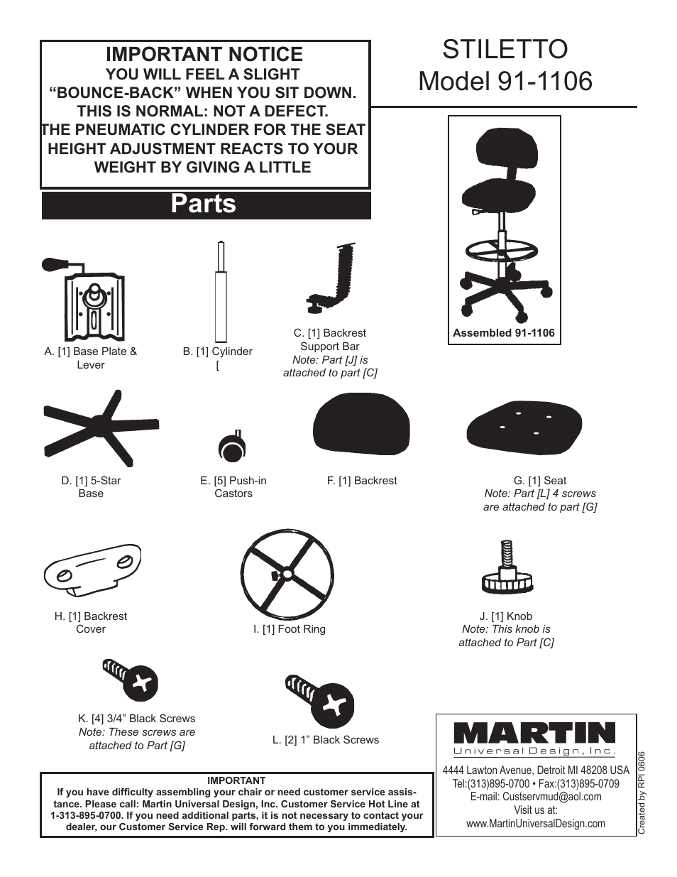 Martin Universal Design 91-1106 STILLETO CHAIR User Manual | 2 pages