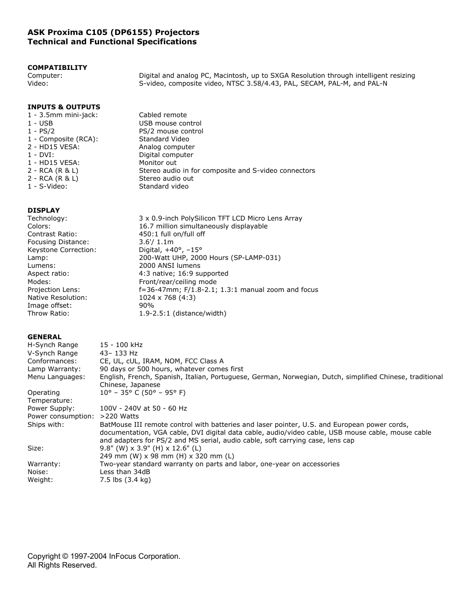 Ask Proxima C105 (DP6155) User Manual | 1 page