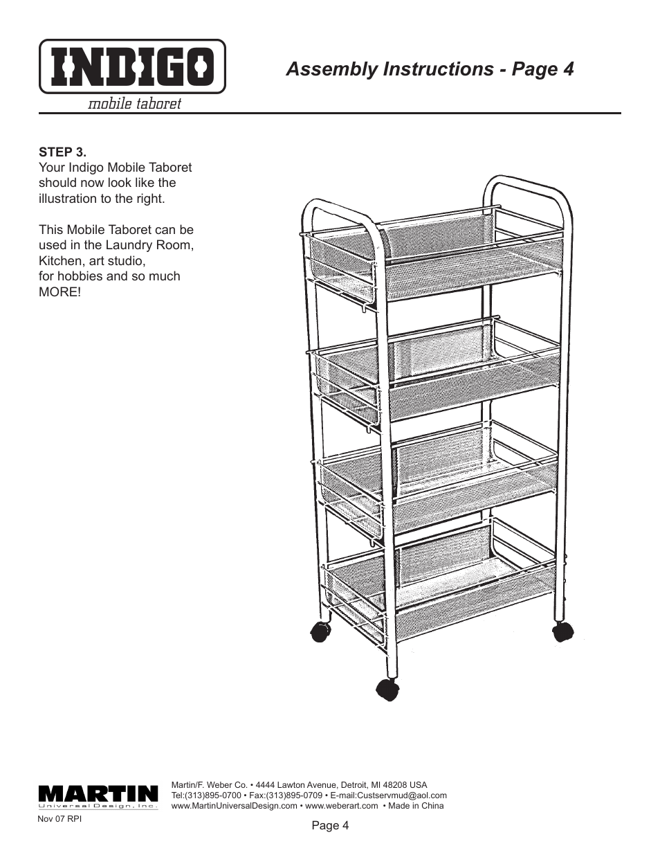 Assembly instructions - page 4 | Martin Universal Design Indigo Mobile Taboret User Manual | Page 4 / 4