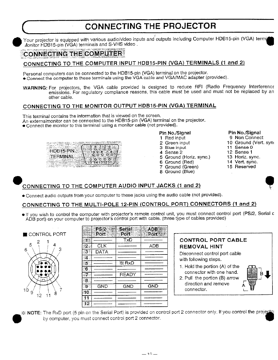 Connecting the projector, Connecting the computer, Ps/2 | I=*ort, Serial, Poii, Ipo'rt, Control port cable removal hint | Ask Proxima DP9250 User Manual | Page 10 / 52
