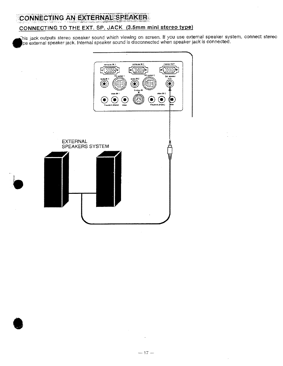 Connecting an e^cternadipeaker | Ask Proxima DP9250 User Manual | Page 17 / 52