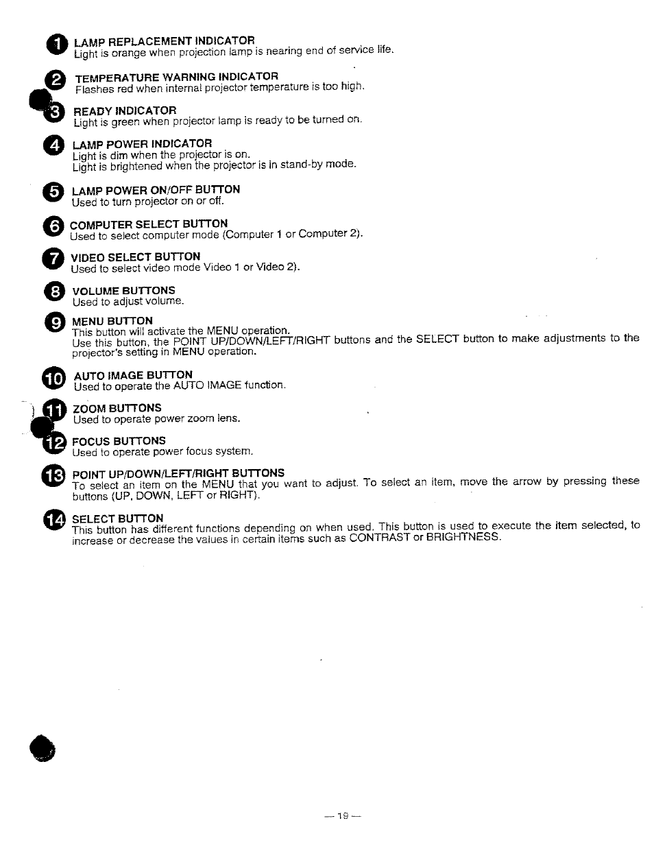 Temperature warning indicator, A lamp power indicator, A lamp power on/off button | A computer select button, Video select button, A volume buttons, A menu button, Ii auto image button, Zoom buttons, Focus buttons | Ask Proxima DP9250 User Manual | Page 19 / 52