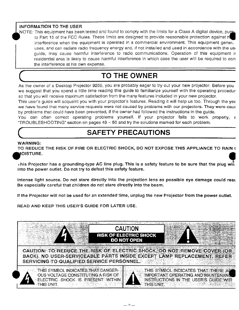 Informatlon to the user, To the owner, Safety precautions | Warning | Ask Proxima DP9250 User Manual | Page 2 / 52