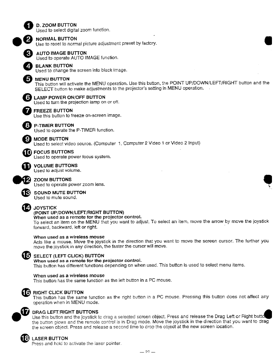 Auto image button, Menu button, Lamp power on/off button | P-timer button, Mode button, I) focus buttons, Zoom buttons, Sound mute button, Select {left click) button, Right click button | Ask Proxima DP9250 User Manual | Page 22 / 52