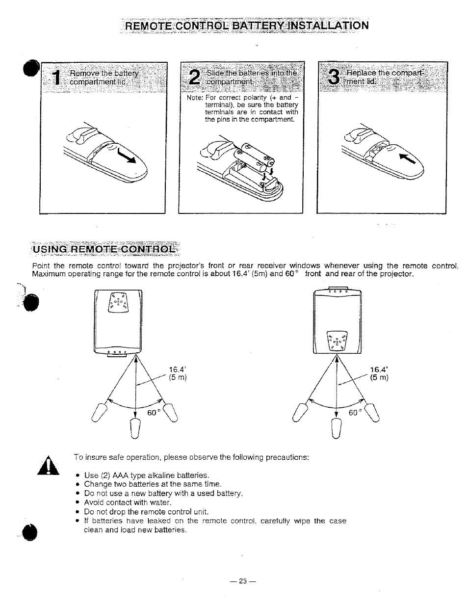 Remote control battery jnstallation, Using remote control | Ask Proxima DP9250 User Manual | Page 23 / 52