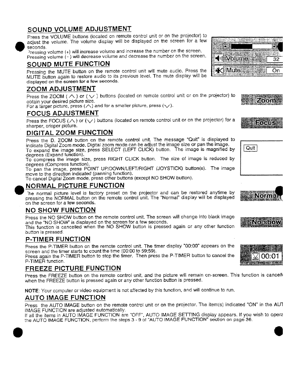 Sound mute function, Zoom adjustment, Focus adjustment | Digital zoom function, Normal picture function, No show function, P-timer function, Freeze picture function, Auto image function, Sound volume adjustment | Ask Proxima DP9250 User Manual | Page 28 / 52