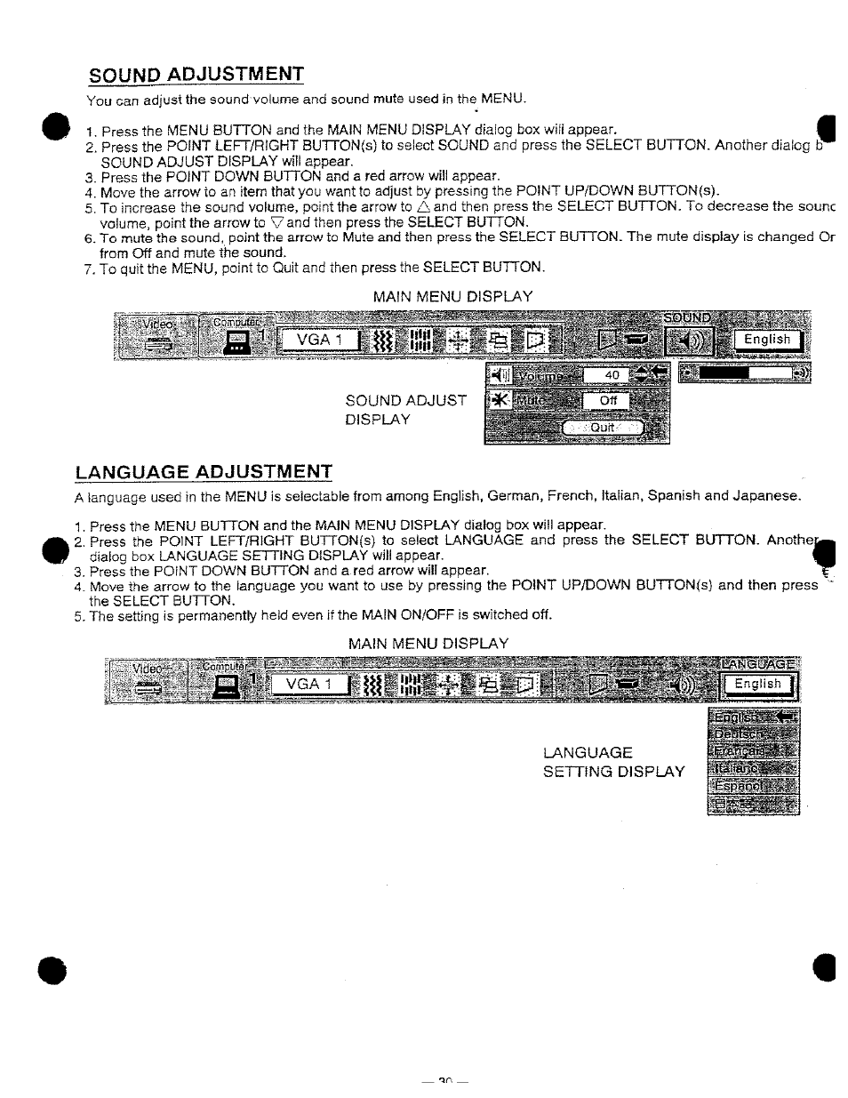 Language adjustment, Sound adjustment | Ask Proxima DP9250 User Manual | Page 30 / 52