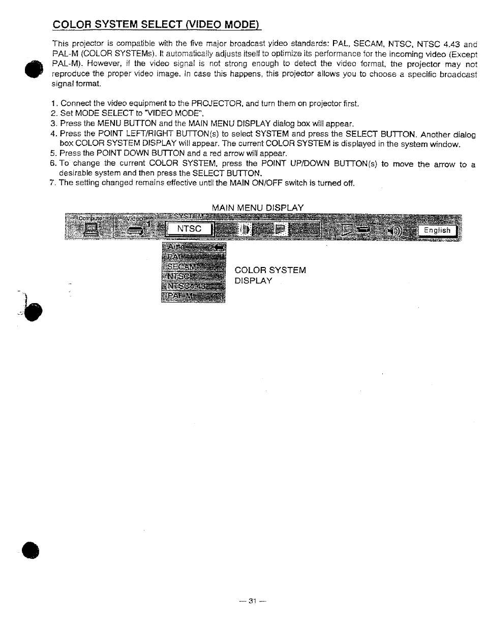 Color system select (video mode) | Ask Proxima DP9250 User Manual | Page 31 / 52