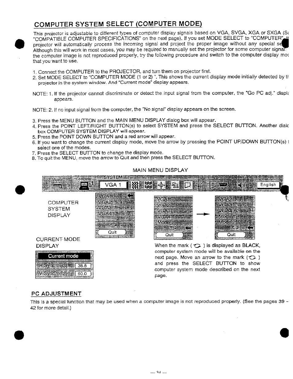 Pc adjustment, Computer system select (computer mode) | Ask Proxima DP9250 User Manual | Page 34 / 52