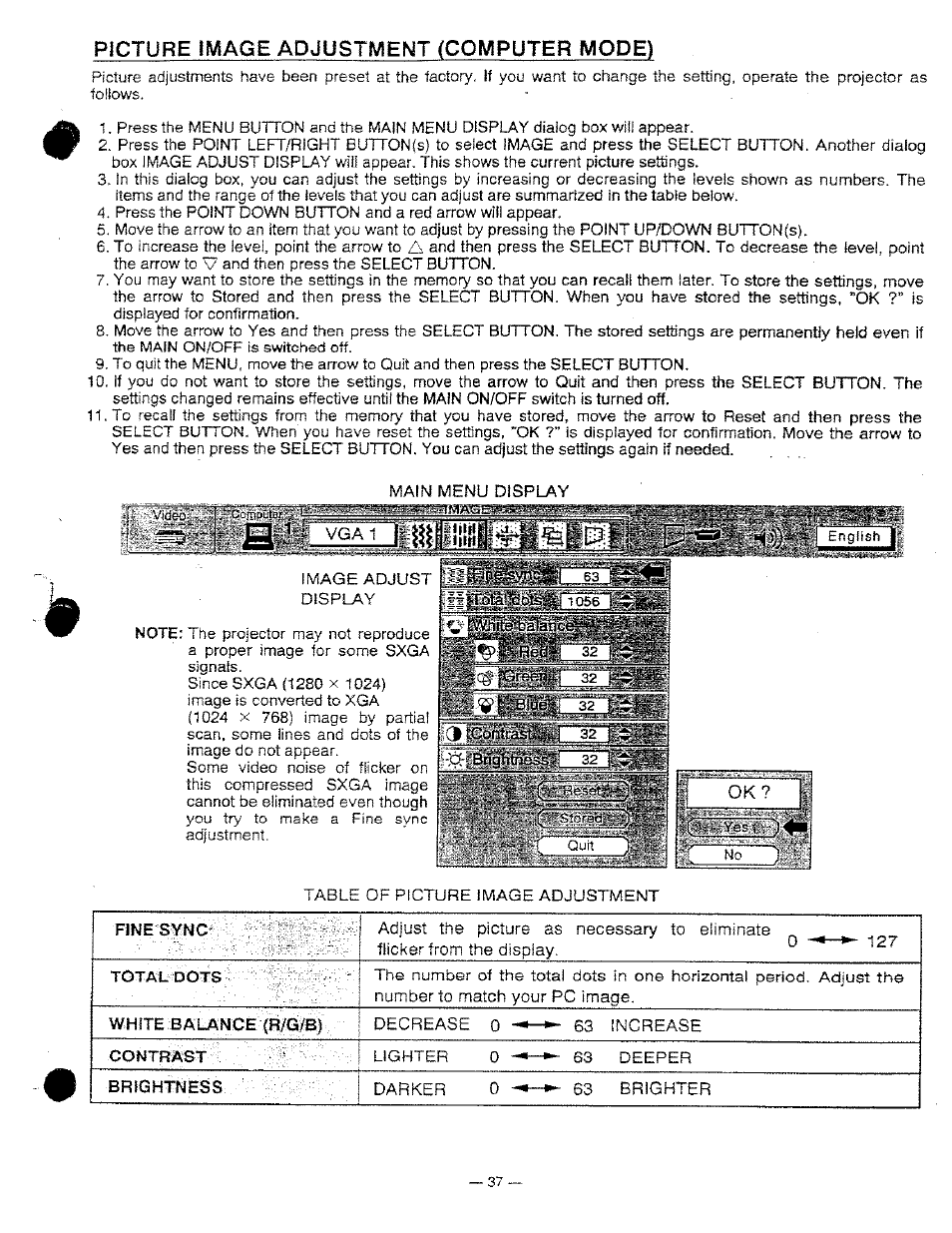 Picture image adjustment (computer mode) | Ask Proxima DP9250 User Manual | Page 37 / 52