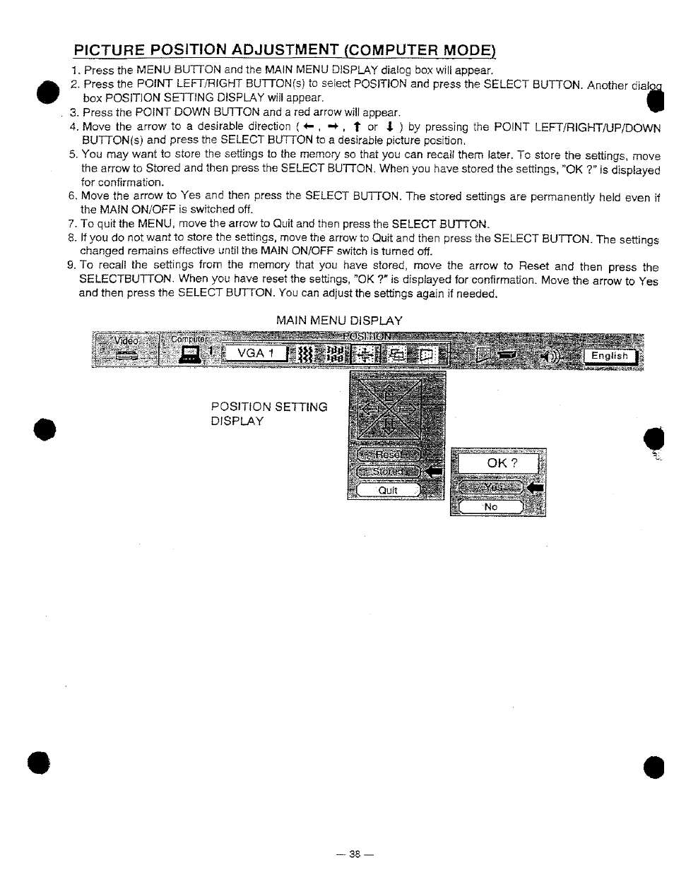 Picture position adjustment (computer mode) | Ask Proxima DP9250 User Manual | Page 38 / 52