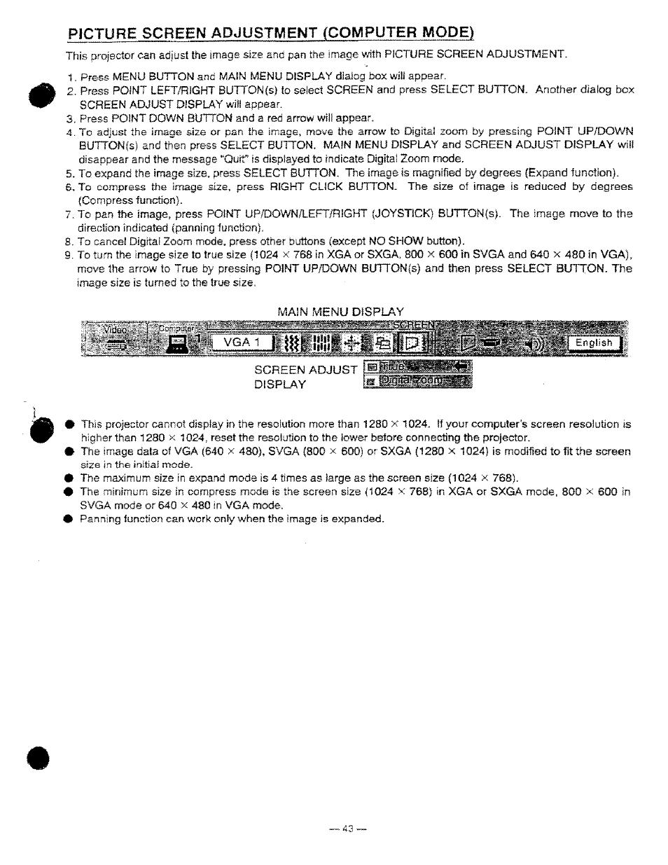 Picture screen adjustment (computer mode) | Ask Proxima DP9250 User Manual | Page 43 / 52