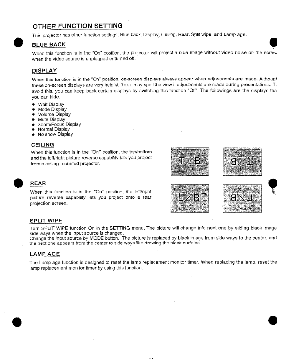 Other function setting, Blue sack h, Display | Ceiling, Rear, Lamp age | Ask Proxima DP9250 User Manual | Page 44 / 52