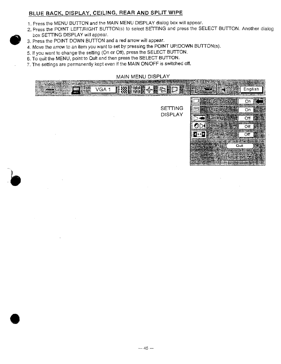 Blue back, display, ceiung. rear and sput wipe | Ask Proxima DP9250 User Manual | Page 45 / 52