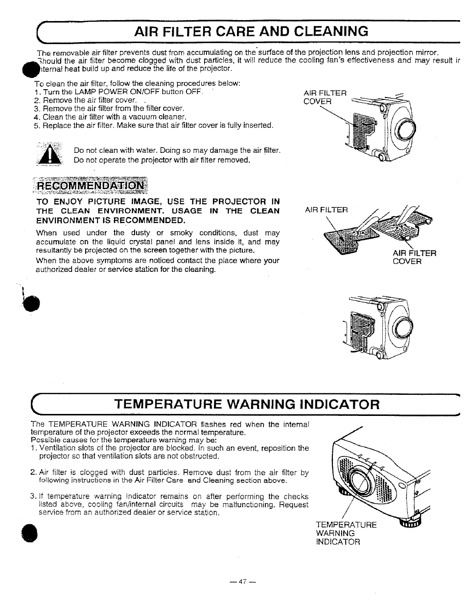 Recotlmendatic^i, Temperature warning indicator, Air filter care and cleaning | Ask Proxima DP9250 User Manual | Page 47 / 52