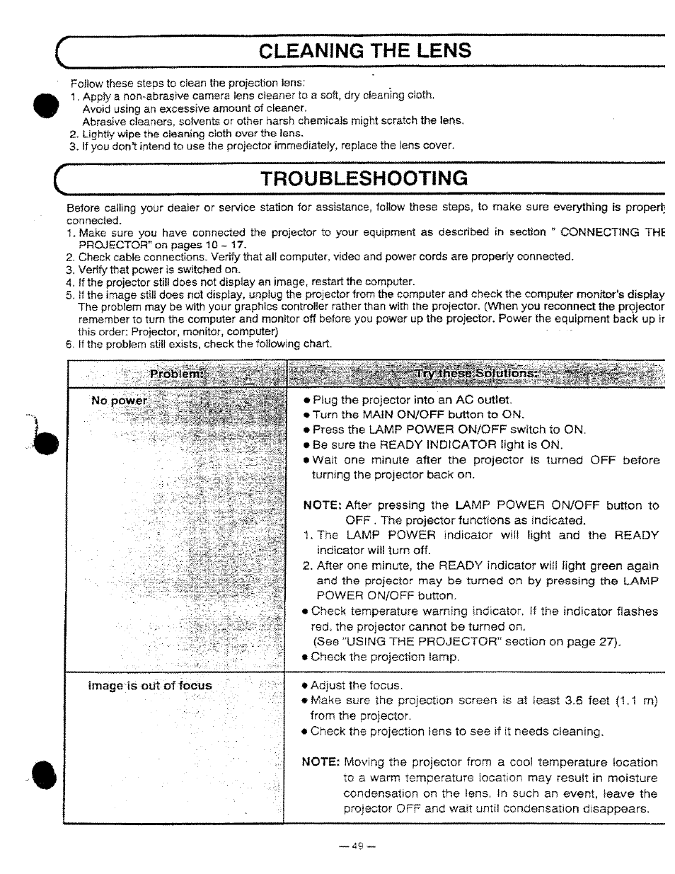 Troubleshooting, Problem, Cleaning the lens | Ask Proxima DP9250 User Manual | Page 49 / 52