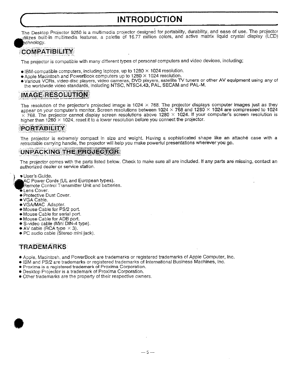 Compatibility, Fpòf^abìl, Unpacking the projector | Trademarks, Introduction | Ask Proxima DP9250 User Manual | Page 5 / 52