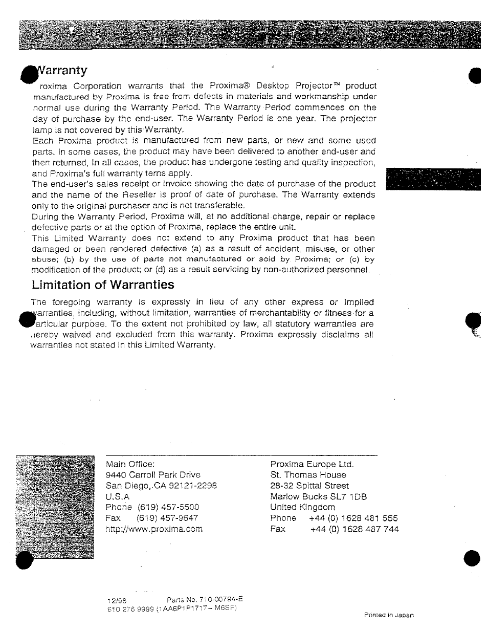 Arranty, Limitation of warranties | Ask Proxima DP9250 User Manual | Page 52 / 52