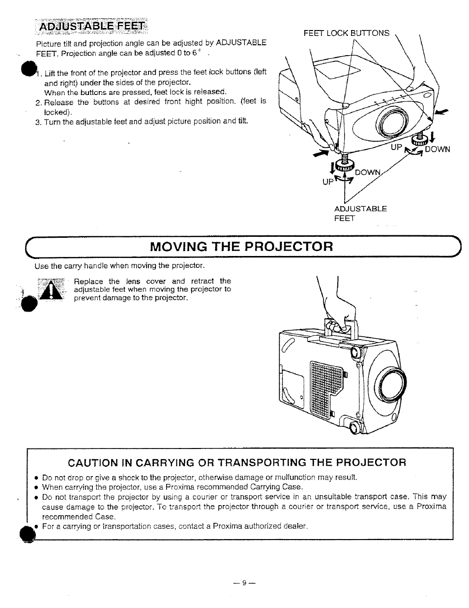 Adjustable feet, Moving the projector, Caution in carrying or transporting the projector | Ask Proxima DP9250 User Manual | Page 9 / 52