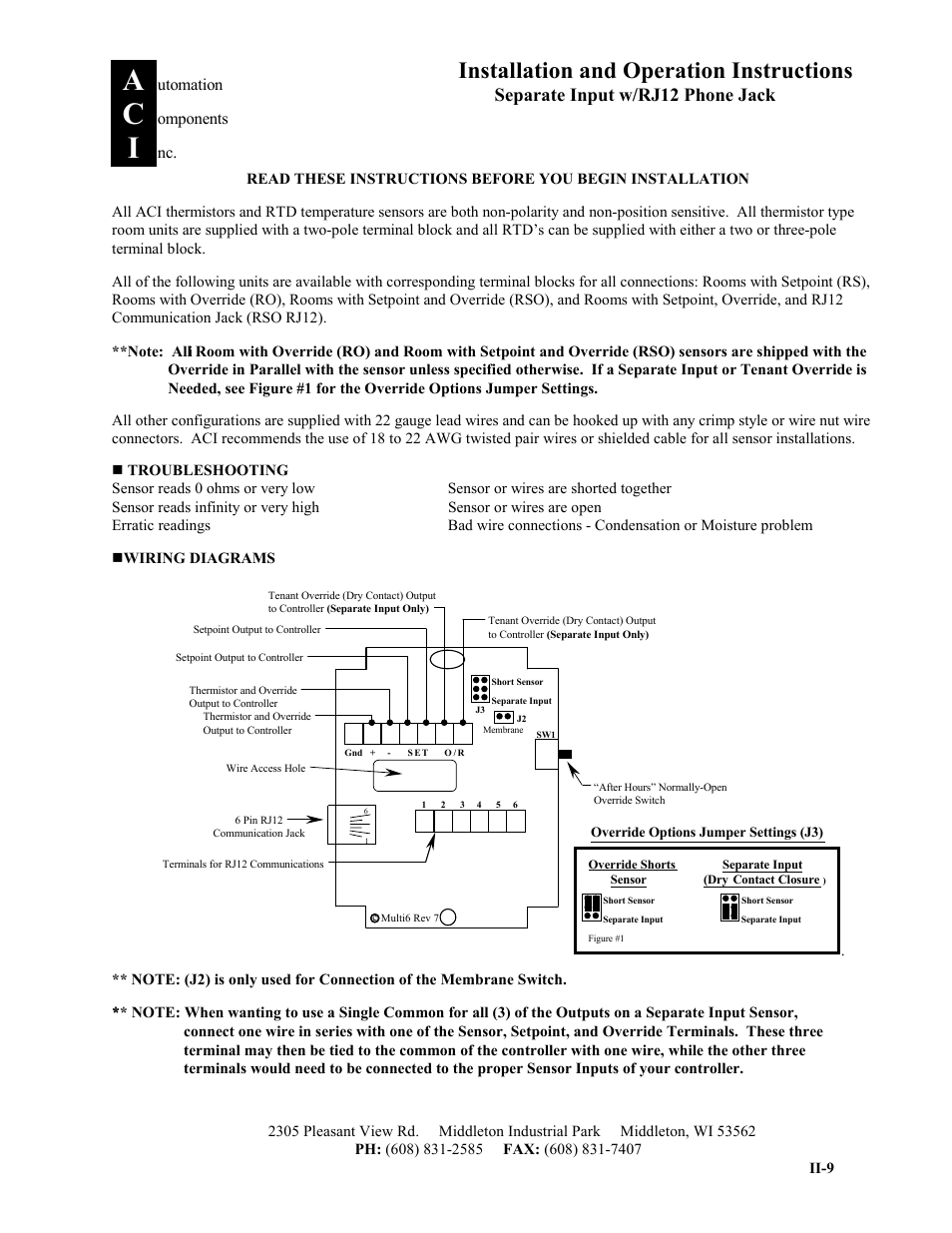 Automation Components Separate Input w/RJ12 Phone Jack User Manual | 2 pages