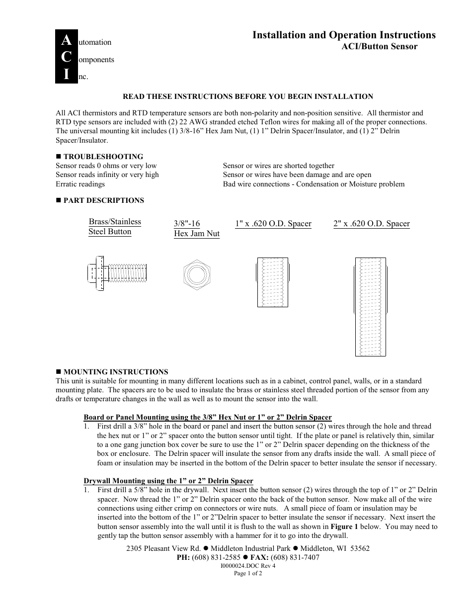 Automation Components ACI/Button Sensor User Manual | 2 pages