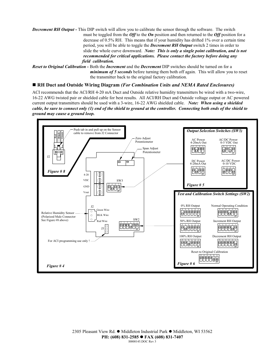 Figure # 5 output selection switches (sw3), Test and calibration switch settings (sw2), Figure # 6 | Figure # 4 figure # 8 | Automation Components ACI/RH Duct ACI and Outside Series User Manual | Page 3 / 5