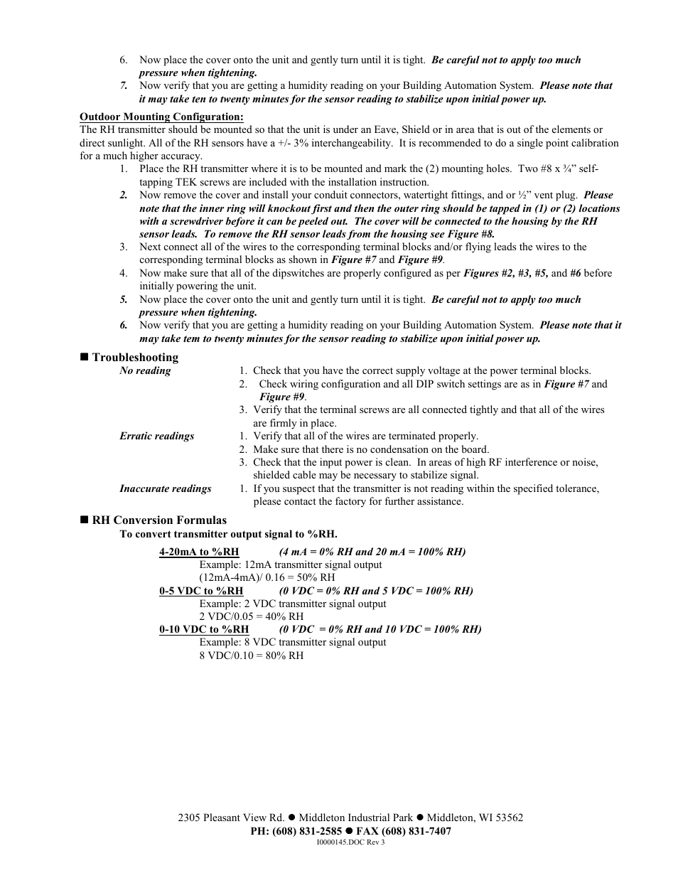 Troubleshooting, Rh conversion formulas | Automation Components ACI/RH Duct ACI and Outside Series User Manual | Page 5 / 5
