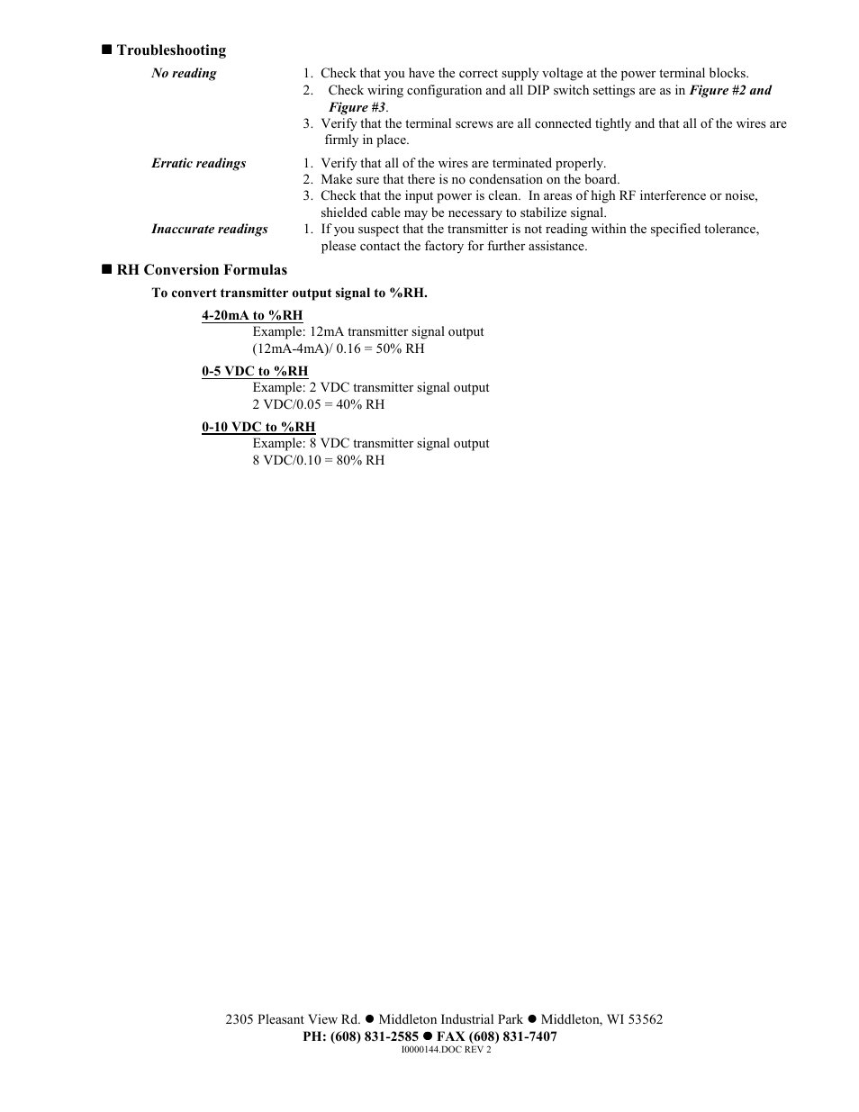 Troubleshooting, Rh conversion formulas | Automation Components ACI/ACI RH Room Series User Manual | Page 4 / 4