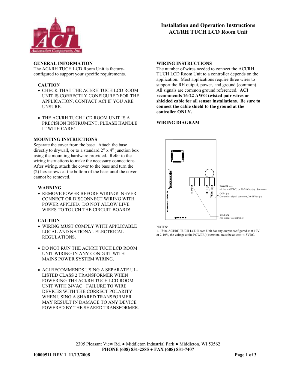 Automation Components ACI/RH TUCH LCD Room Unit User Manual | 3 pages