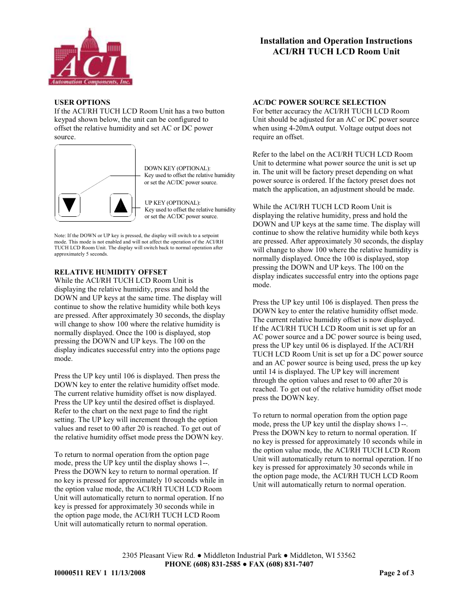 Automation Components ACI/RH TUCH LCD Room Unit User Manual | Page 2 / 3