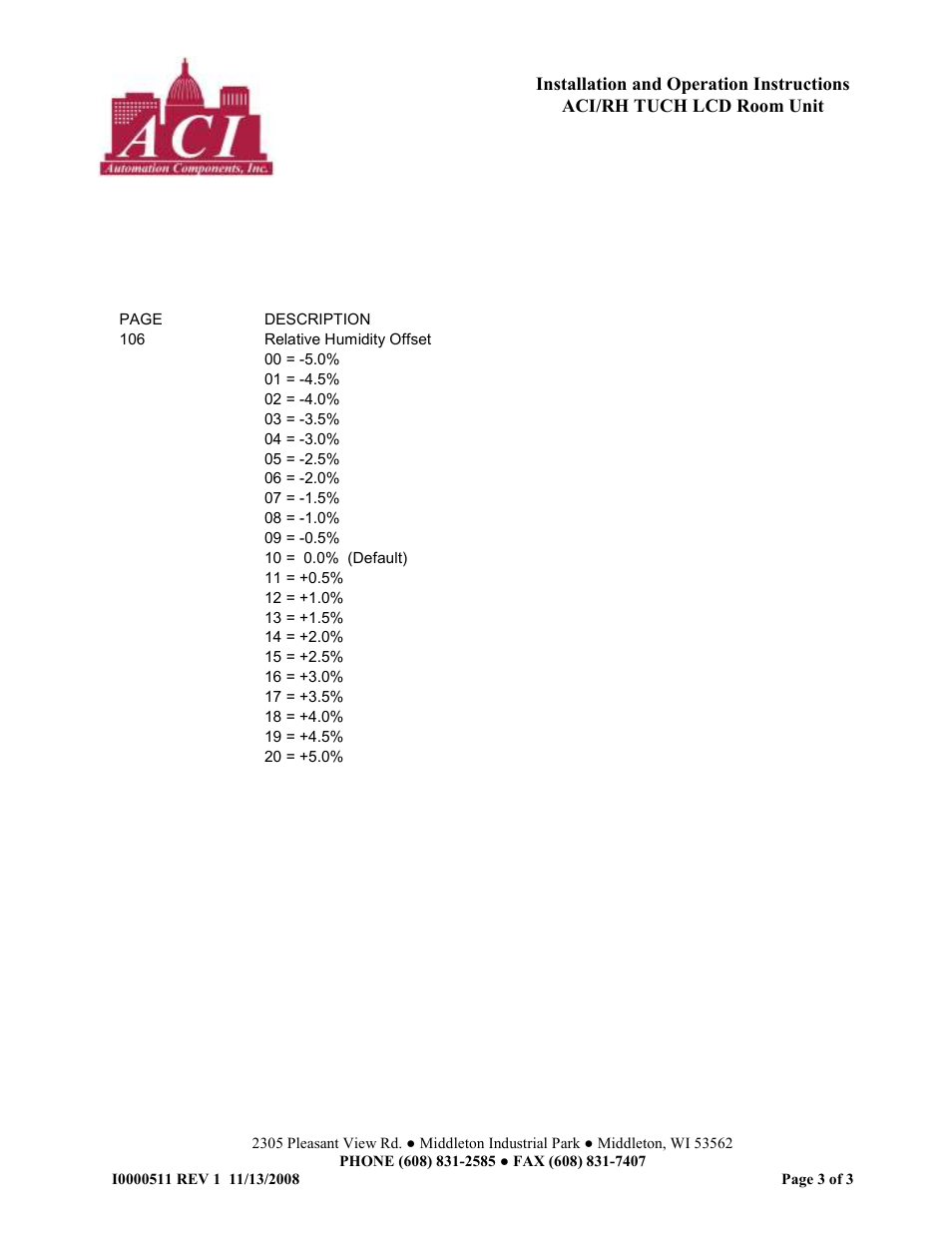 Automation Components ACI/RH TUCH LCD Room Unit User Manual | Page 3 / 3
