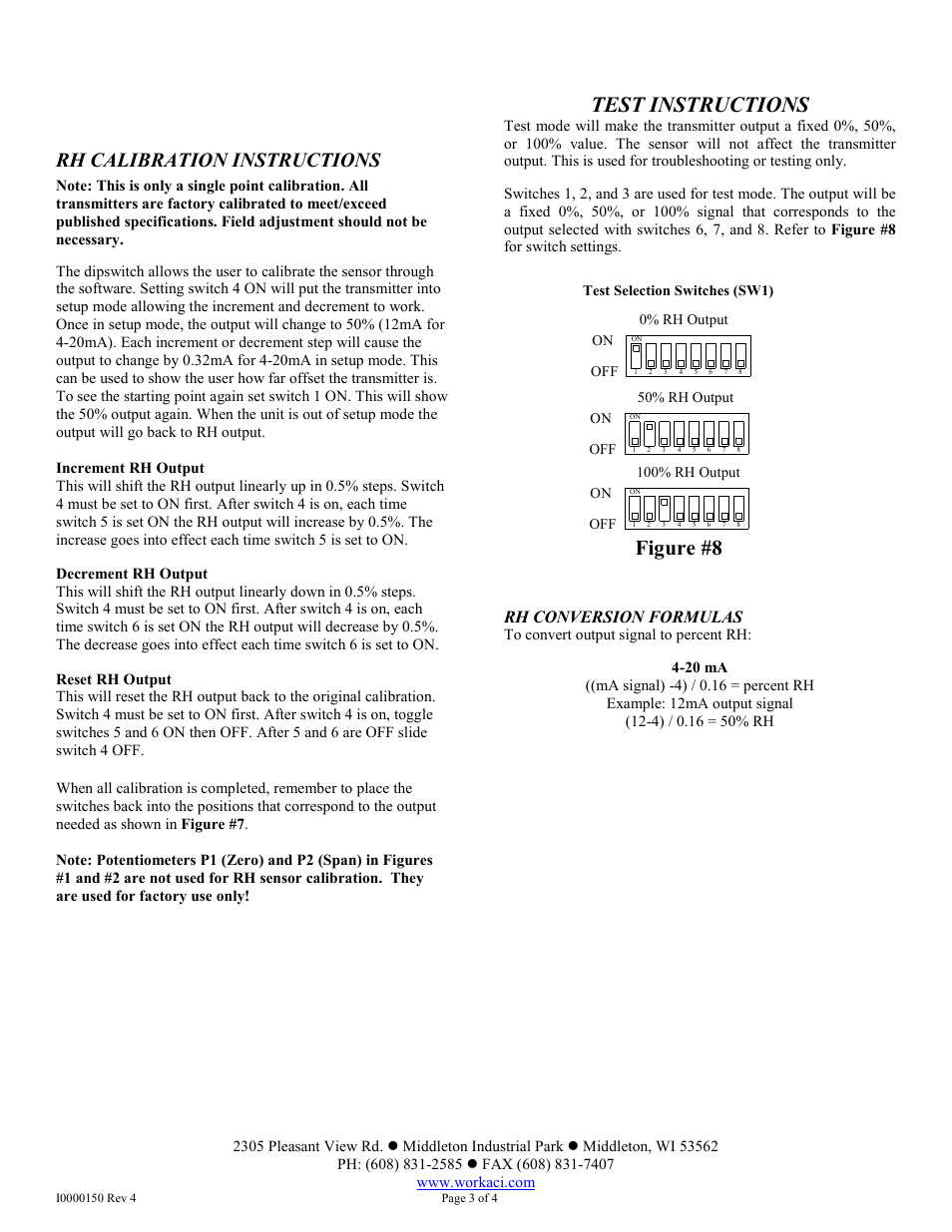 Test instructions, Figure #8, Rh calibration instructions | Rh conversion formulas | Automation Components A/RH-LCD Series User Manual | Page 3 / 4