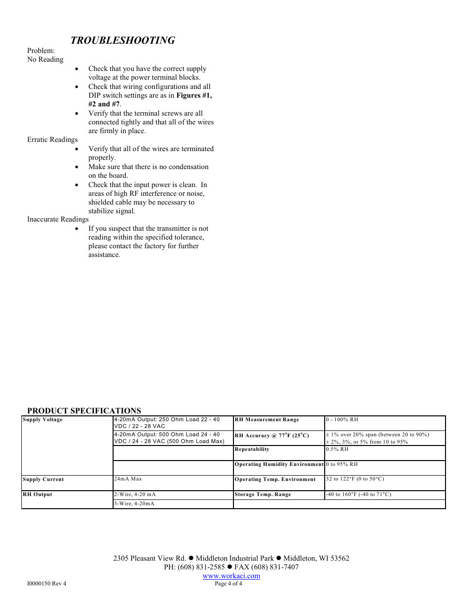 Troubleshooting, Product specifications | Automation Components A/RH-LCD Series User Manual | Page 4 / 4