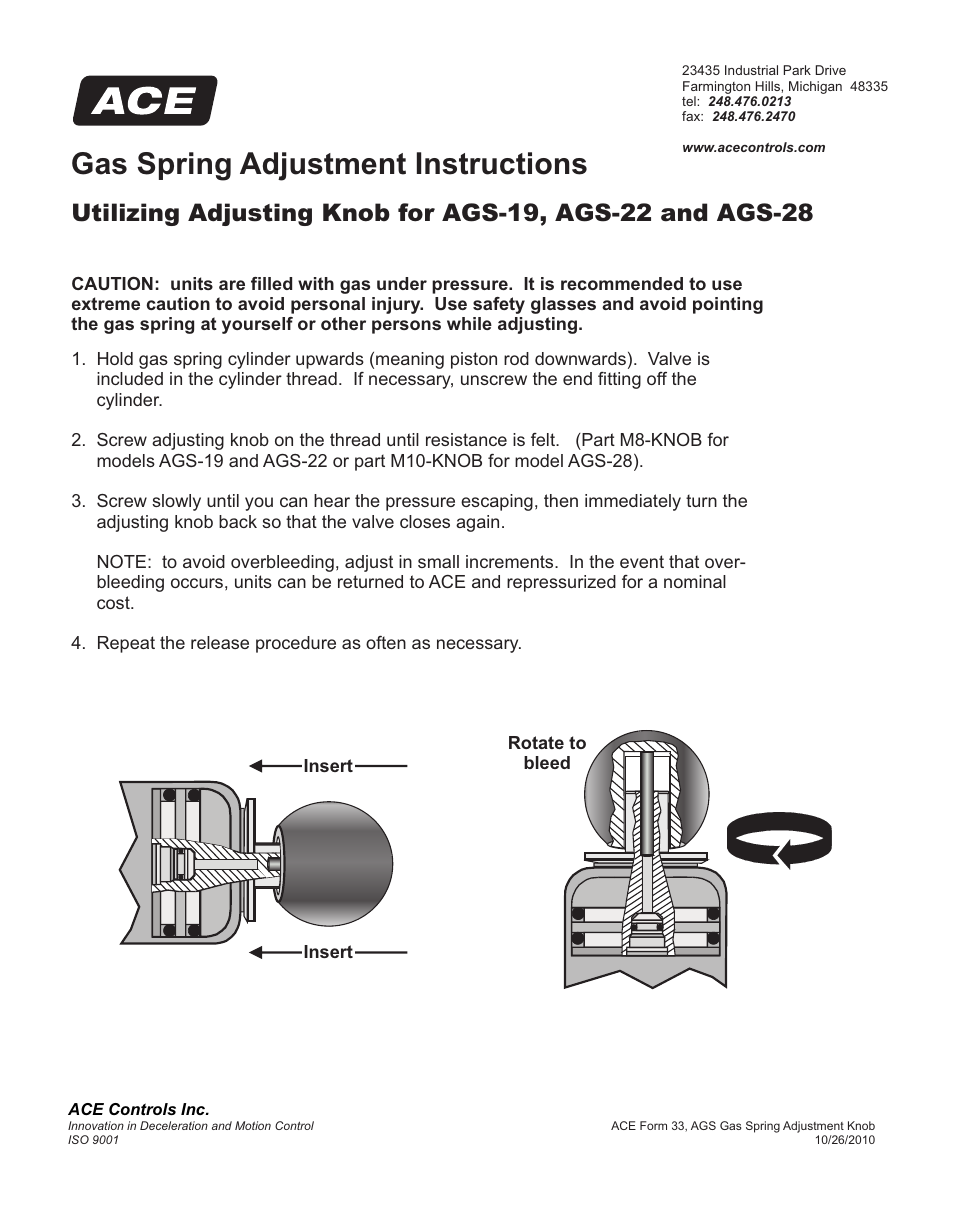 Gas spring adjustment instructions | ACE Controls AGS-15 User Manual | Page 2 / 2