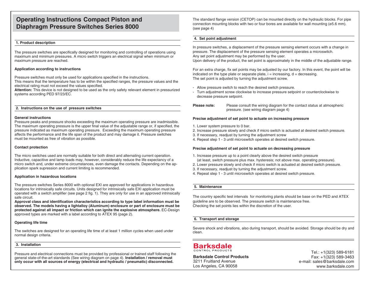 Barksdale Series 8000 User Manual | 4 pages