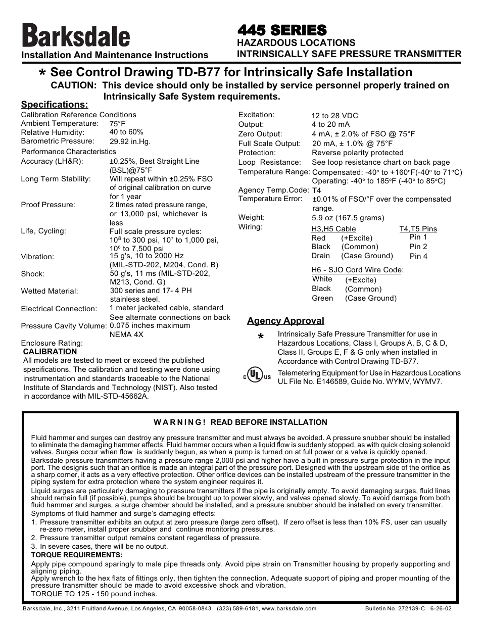 Barksdale Series 446 User Manual | 2 pages