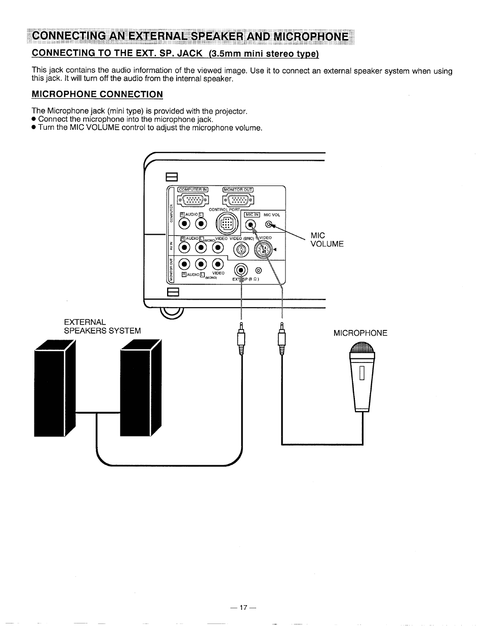Connecting an external speaker and microphone, Microphone connection | Ask Proxima DP5600 User Manual | Page 17 / 45